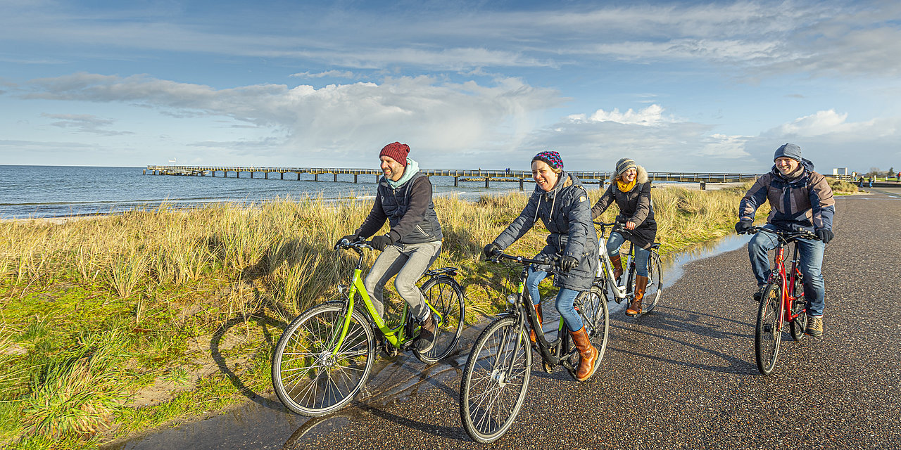 Eine Gruppe Radfahrer fahren eine Straße entlang, links im Bild eine wiese, dahinter das Meer.