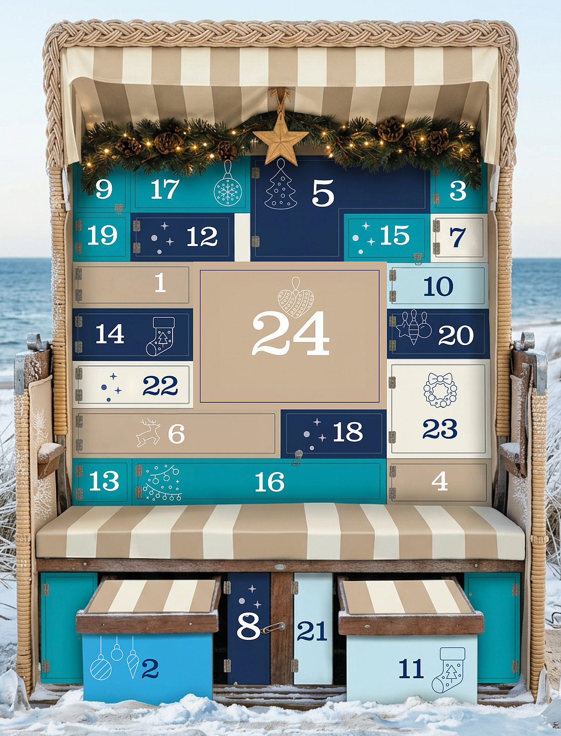Ein Strandkorb-Bild als Adventskalender mit einzelnen Kästchen auf denen Zahlen markiert sind