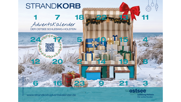 Eine Postkarte als Adventskalender mit einem Strand-Korb-Motiv, der in einer Winterlandschaft steht.
