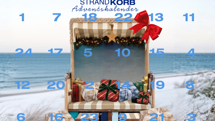 Eine Postkarte als Adventskalender mit einem Strand-Korb-Motiv, der in einer Winterlandschaft steht. 